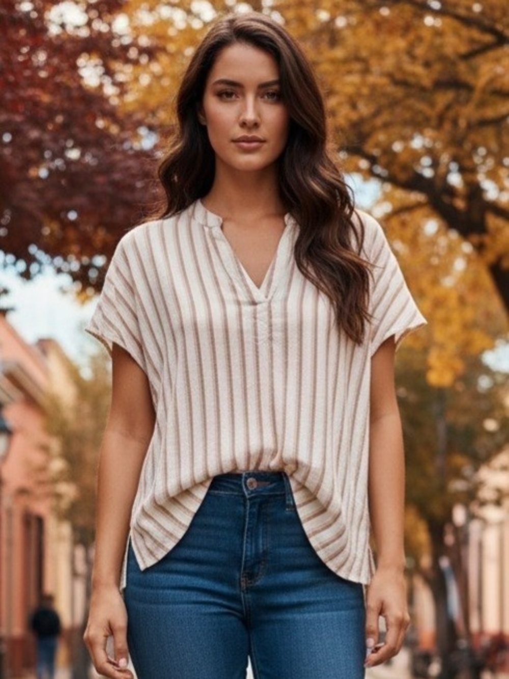 Madewell Cream & Taupe Striped V-Neck Short Sleeve Top